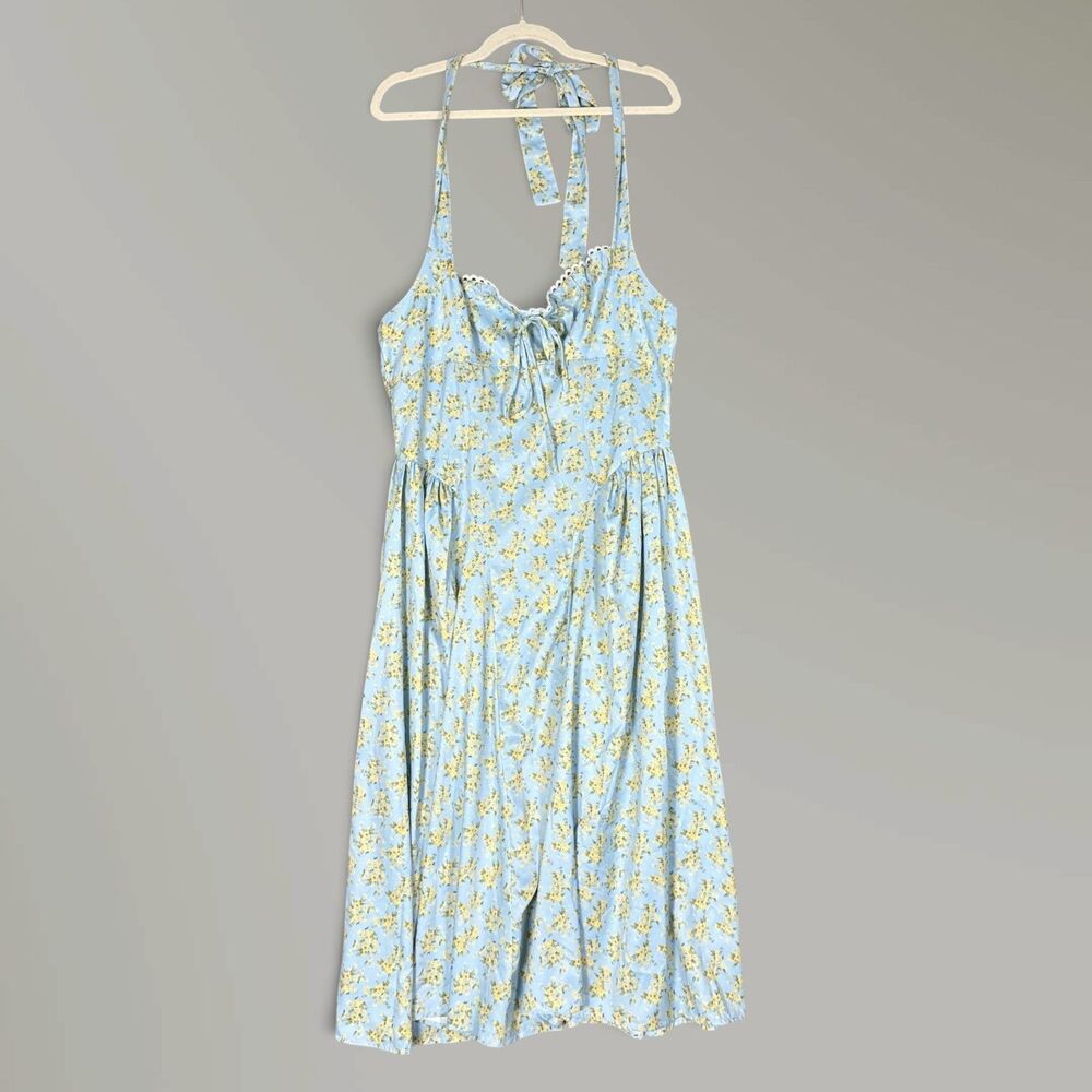 Womens Blue Floral Halter Midi Dress Yellow Ditsy Flower Cottage Sundress Sz Lrg